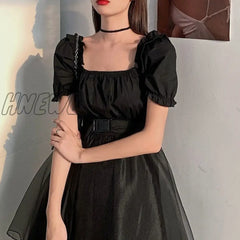 Hnewly Women Dress Vintage Summer Female Short Sleeve Irregular Black Gothic Dresses Casual Mini