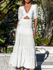 Hnewly Women Elegant Deep V Neck Puff Sleeve Maxi Dress Sexy Solid Hollow Out Backless Party New