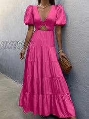 Hnewly Women Elegant Deep V Neck Puff Sleeve Maxi Dress Sexy Solid Hollow Out Backless Party New
