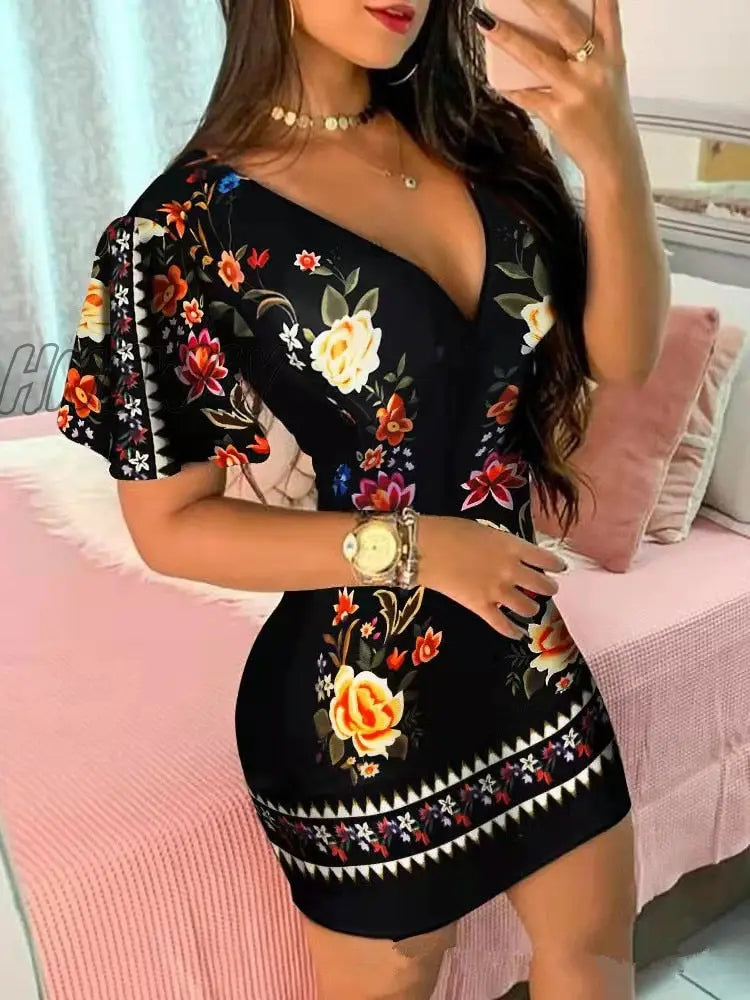 Hnewly Women Elegant Dress Polka Dot Print Scarf Chain Ruffles Sleeve Floral V-Neck Bodycon Party