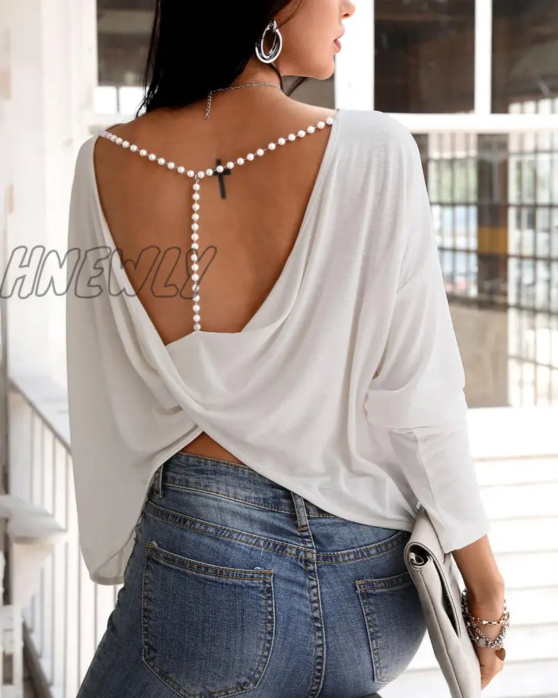 Hnewly Women Elegant Fashion Casual Long Sleeve Blouse Beaded Backless Sexy Tops Spring Outfits