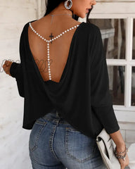 Hnewly Women Elegant Fashion Casual Long Sleeve Blouse Beaded Backless Sexy Tops Spring Outfits