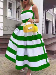 Hnewly Women Elegant Off Shoulder Long Party Dress New Summer Striped Print Sleeveless Fashion Chic