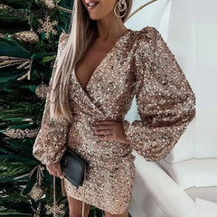 Hnewly Women Elegant Solid Glitter Sequins Party Dress Winter Fashion V - Neck Draped Lady Casual