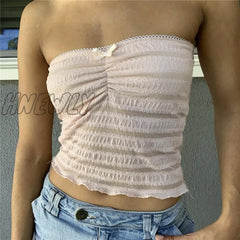 Hnewly Women Fairy Grunge Crop Top Y2K 2000S Aesthetic Lace Trim Off Shoulder Sleeveless Pleated