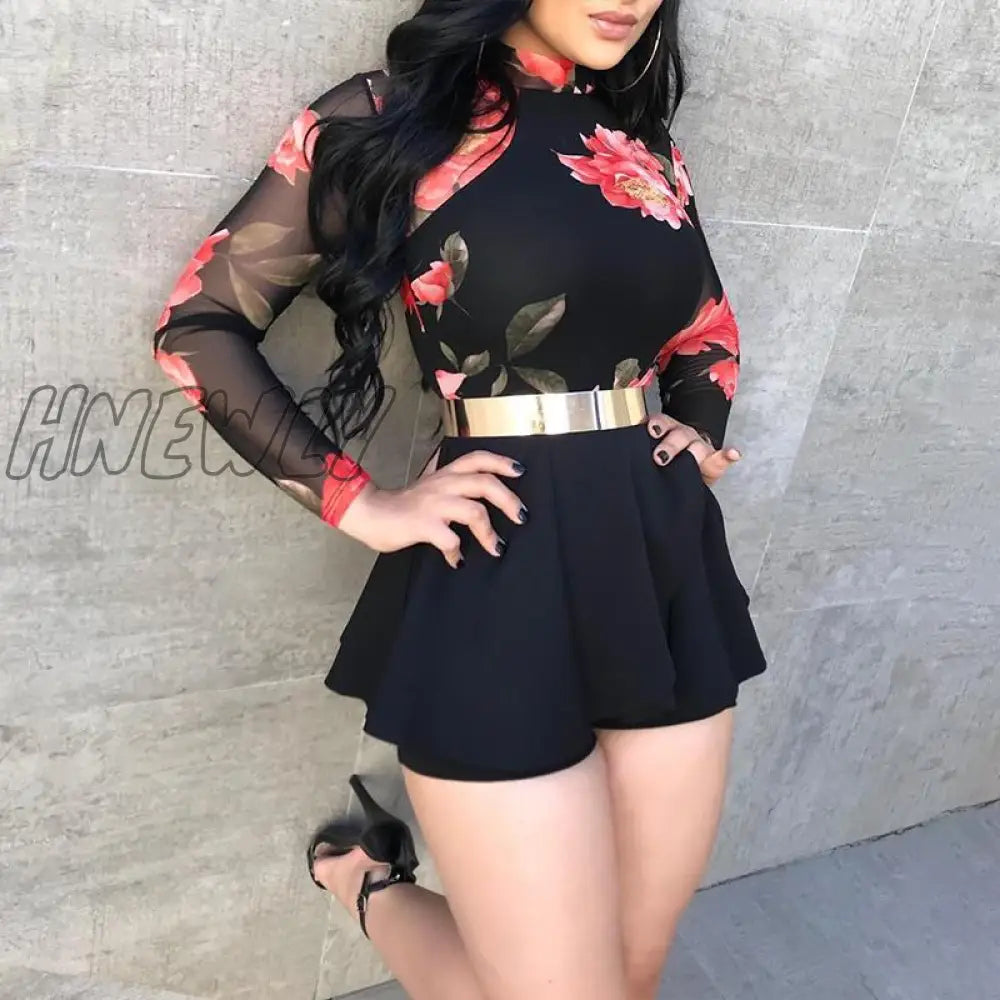 Hnewly Women Fashion Boho O-Neck Black Mesh Party Mini Romper Female Floral Print Cutout Back