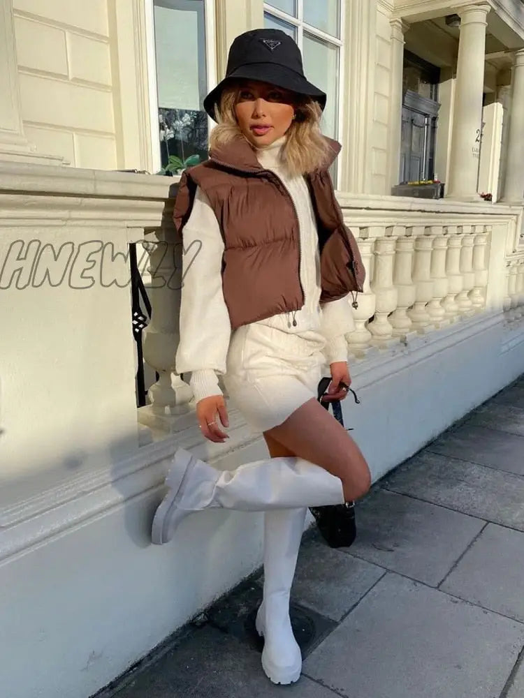 Hnewly Women Fashion Brown Cropped Vest Coat Female Stand Collar Zipper Waistcoat Ladies Casual