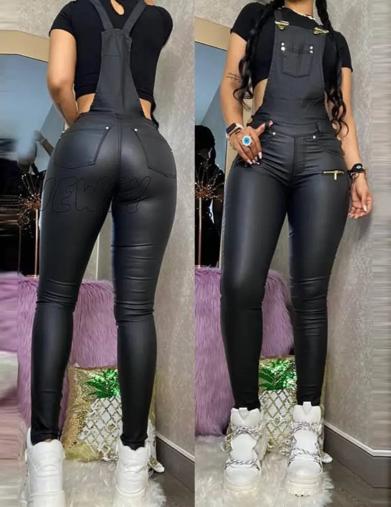 Hnewly Women Fashion Buckled Zipper Design Pu Suspender Jumpsuit