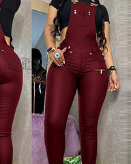 Hnewly Women Fashion Buckled Zipper Design Pu Suspender Jumpsuit Burgundy / S