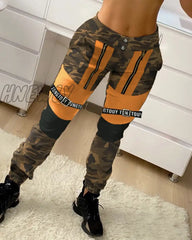 Hnewly Women Fashion Casual Pants Trousers Camouflage Letter Colorblock Cargo Autumn Womenlong