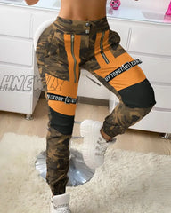 Hnewly Women Fashion Casual Pants Trousers Camouflage Letter Colorblock Cargo Autumn Womenlong Army