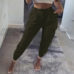 Hnewly Women Fashion Casual Pants Trousers Solid Cargo Pocket Design High Waist Classic Style