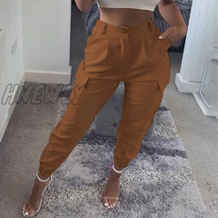 Hnewly Women Fashion Casual Pants Trousers Solid Cargo Pocket Design High Waist Classic Style