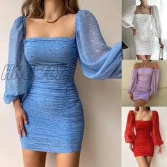 Hnewly Women Fashion Dresses French Square Neck Puff Sleeve Pleated Tight Chiffon Print Mini Dress