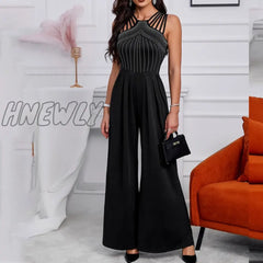 Hnewly Women Fashion Elegant Sleevless Partywear Jumpsuits Formal Party Romper Studded Wide-Leg