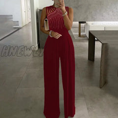 Hnewly Women Fashion Elegant Sleevless Partywear Jumpsuits Formal Party Romper Studded Wide-Leg