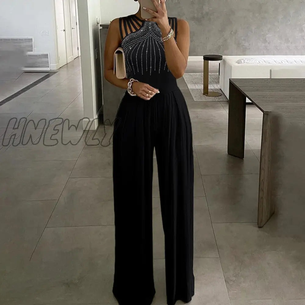 Hnewly Women Fashion Elegant Sleevless Partywear Jumpsuits Formal Party Romper Studded Wide-Leg
