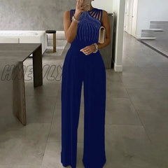 Hnewly Women Fashion Elegant Sleevless Partywear Jumpsuits Formal Party Romper Studded Wide-Leg