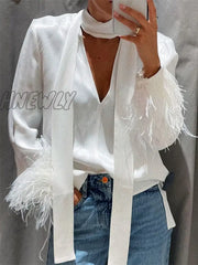 Hnewly Women Fashion Feather Trim Blouse Solid Color Long Sleeve V Neck Tops And Blouses Autumn