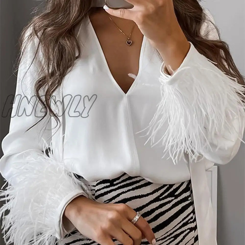 Hnewly Women Fashion Feather Trim Blouse Solid Color Long Sleeve V Neck Tops And Blouses Autumn
