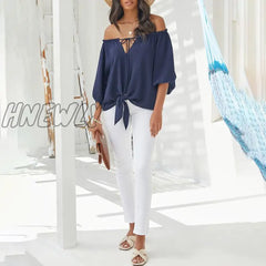 Hnewly Women Fashion Solid Casual Shirt Lady Off Shoulder Long Sleeve Blouse Lace-Up Tops Spring
