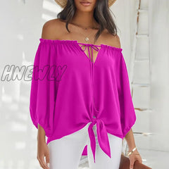 Hnewly Women Fashion Solid Casual Shirt Lady Off Shoulder Long Sleeve Blouse Lace-Up Tops Spring