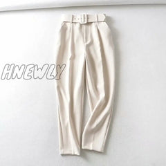 Hnewly Women Fashion Solid Color Sashes Casual Slim Pants Chic Business Trousers Female Fake Zipper