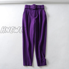 Hnewly Women Fashion Solid Color Sashes Casual Slim Pants Chic Business Trousers Female Fake Zipper
