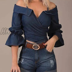 Hnewly Women Fashion Solid Shirt Lady Off Shoulder Half Flare Sleeve Blouse Wrap Casual Shirts