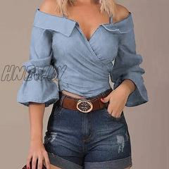 Hnewly Women Fashion Solid Shirt Lady Off Shoulder Half Flare Sleeve Blouse Wrap Casual Shirts