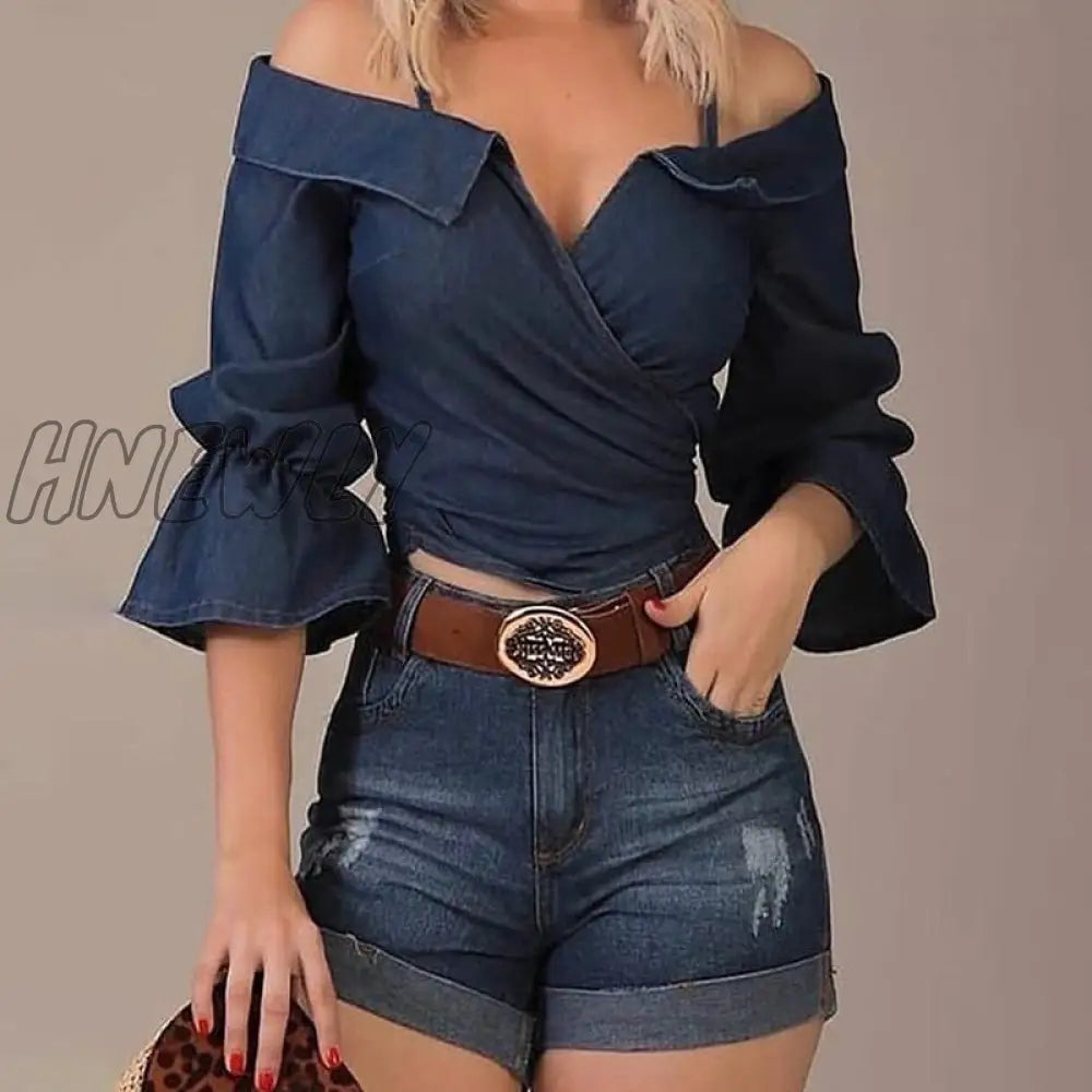 Hnewly Women Fashion Solid Shirt Lady Off Shoulder Half Flare Sleeve Blouse Wrap Casual Shirts