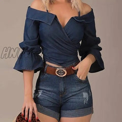 Hnewly Women Fashion Solid Shirt Lady Off Shoulder Half Flare Sleeve Blouse Wrap Casual Shirts