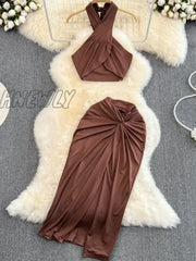 Hnewly Women Fashion Summer Solid Skirts Suit Halter Sexy Cropped Tops Bodycon Saya 2 Pieces Female