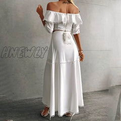 Hnewly Women Fashion Two-Piece Dress Holiday Vacation Flounce Hem Skirt Off Shoulder Ruffle Tops &