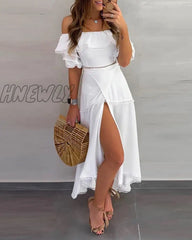 Hnewly Women Fashion Two-Piece Dress Holiday Vacation Flounce Hem Skirt Off Shoulder Ruffle Tops &