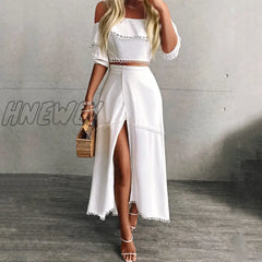 Hnewly Women Fashion Two-Piece Dress Holiday Vacation Flounce Hem Skirt Off Shoulder Ruffle Tops &