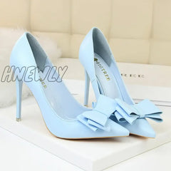 Hnewly Women Fetish 10.5Cm High Heels Blue Yellow Pumps Butterfly Knot Leather Stiletto Lady
