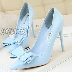 Hnewly Women Fetish 10.5Cm High Heels Blue Yellow Pumps Butterfly Knot Leather Stiletto Lady