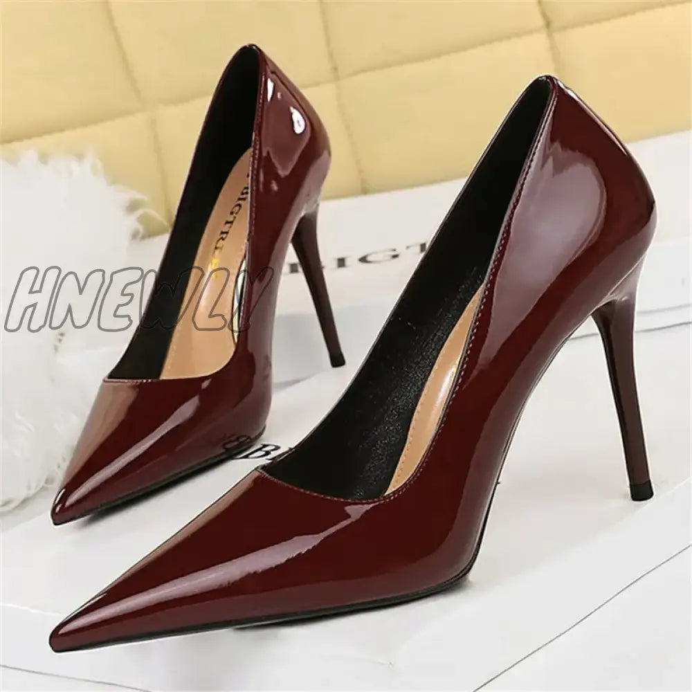Hnewly Women Fetish 10Cm High Heels Nude Pumps Wedding Bridal Stiletto Sexy Wine Red Lady Scarpins