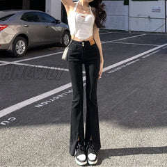 Hnewly Women Flared Jeans Stretch Slim Large Size Straight Wide Leg Denim Pants Y2K Street High