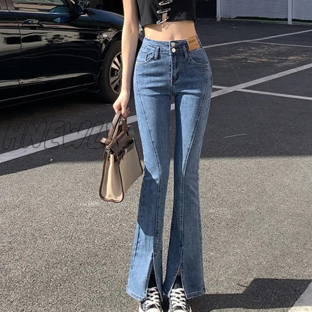 Hnewly Women Flared Jeans Stretch Slim Large Size Straight Wide Leg Denim Pants Y2K Street High