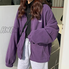 Hnewly Women Fleece Hoodies Autumn Streetwear Zip-Up Oversize Sweatshirt Jacket Trendy Solid Pocket