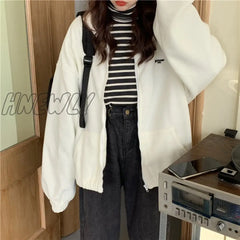 Hnewly Women Fleece Hoodies Autumn Streetwear Zip-Up Oversize Sweatshirt Jacket Trendy Solid Pocket