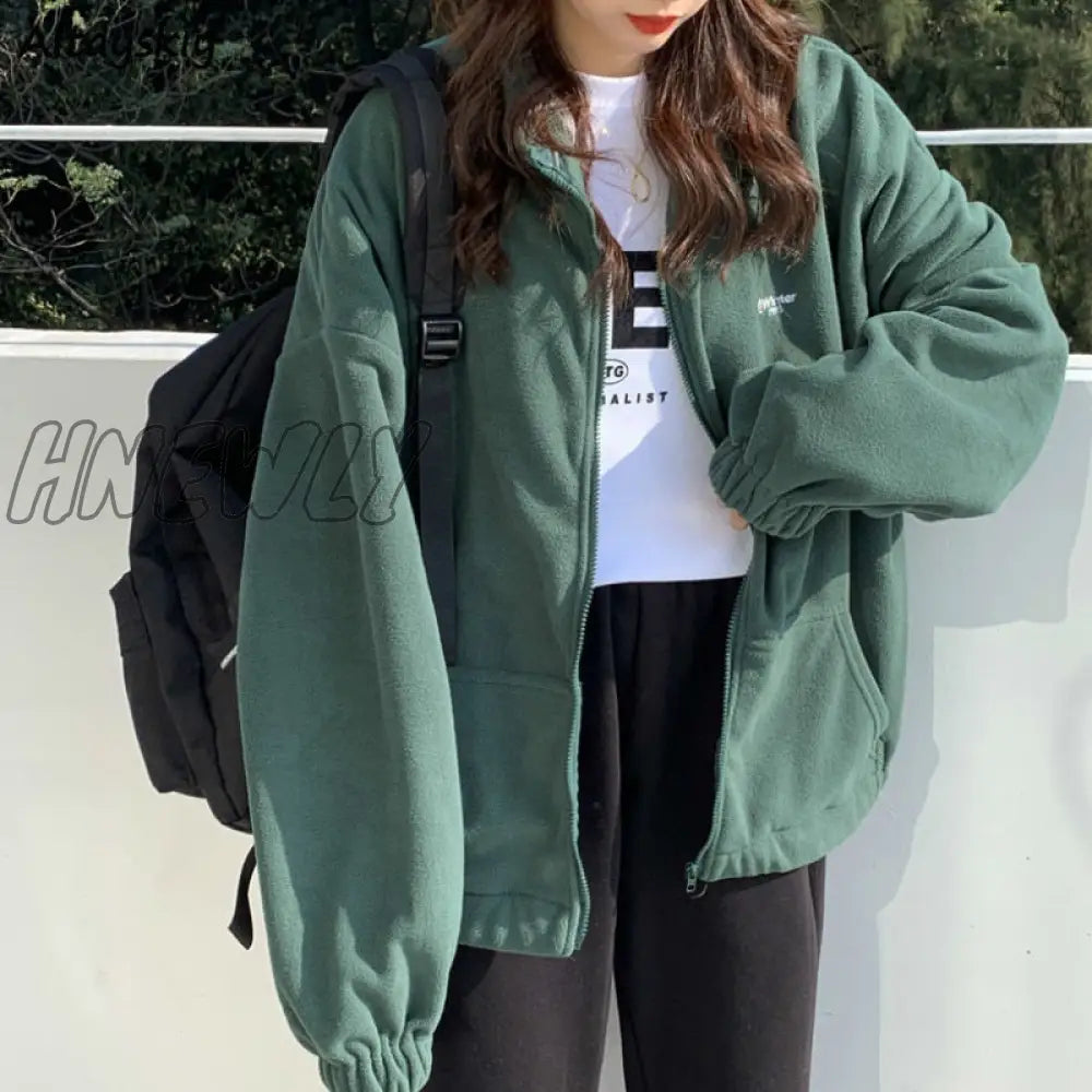 Hnewly Women Fleece Hoodies Autumn Streetwear Zip-Up Oversize Sweatshirt Jacket Trendy Solid Pocket
