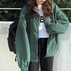 Hnewly Women Fleece Hoodies Autumn Streetwear Zip-Up Oversize Sweatshirt Jacket Trendy Solid Pocket