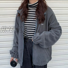 Hnewly Women Fleece Hoodies Autumn Streetwear Zip-Up Oversize Sweatshirt Jacket Trendy Solid Pocket