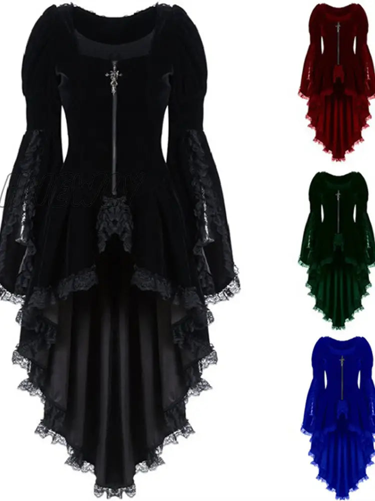 Hnewly Women Gothic Long Sleeve Lace Stitching Velvet Tuxedo Jacket Medieval Aristocratic Ladies