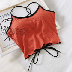 Hnewly Women Halter Tops Backless Bandage Sexy Crop Lingerie Underwear Padded Cotton Summer Red /