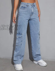 Hnewly Women High Waist Flap Pocket Side Baggy Jeans Relaxed Fit Casual Straight Stretch Wide Leg
