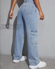 Hnewly Women High Waist Flap Pocket Side Baggy Jeans Relaxed Fit Casual Straight Stretch Wide Leg